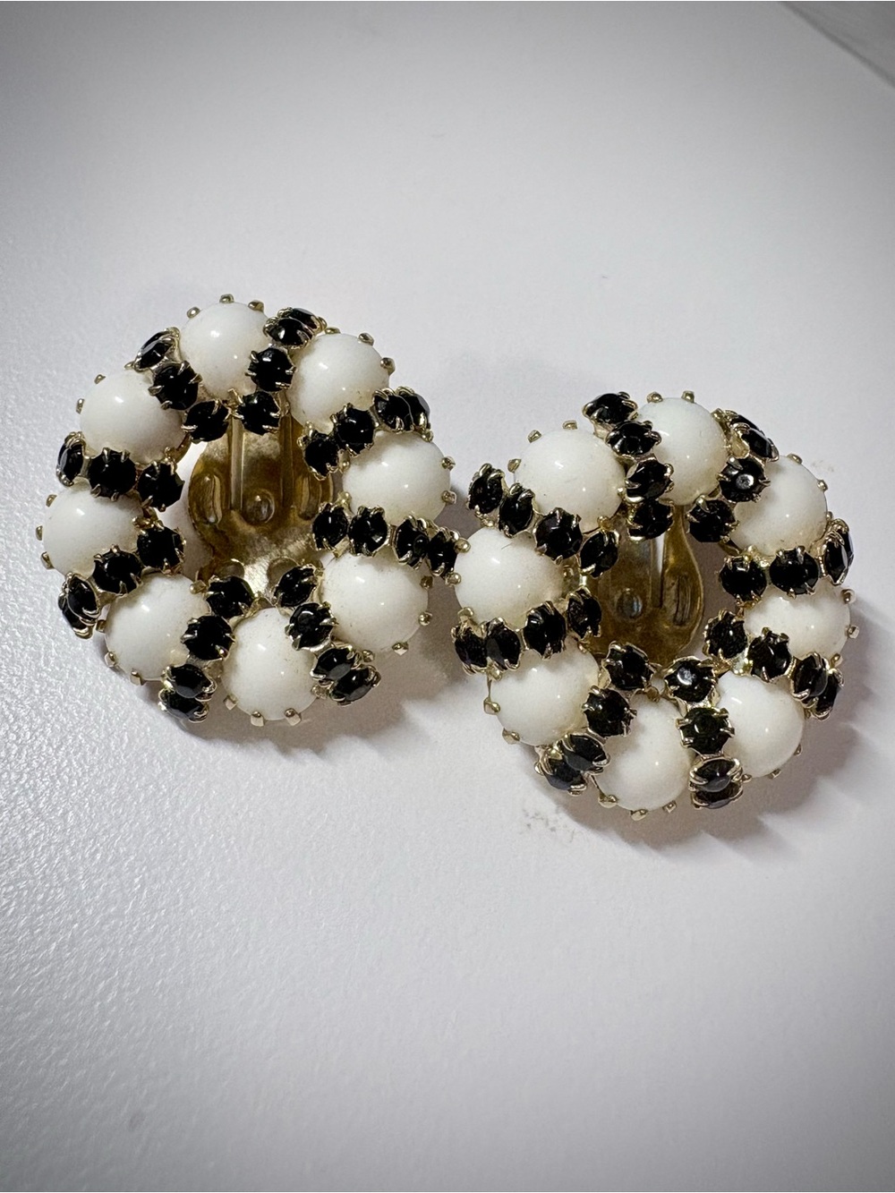 Vintage Weiss milk glass and black rhinestone earrings